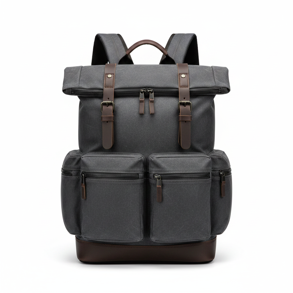 Charcoal waxed canvas roll-top men's travel backpack with leather trim on white background
