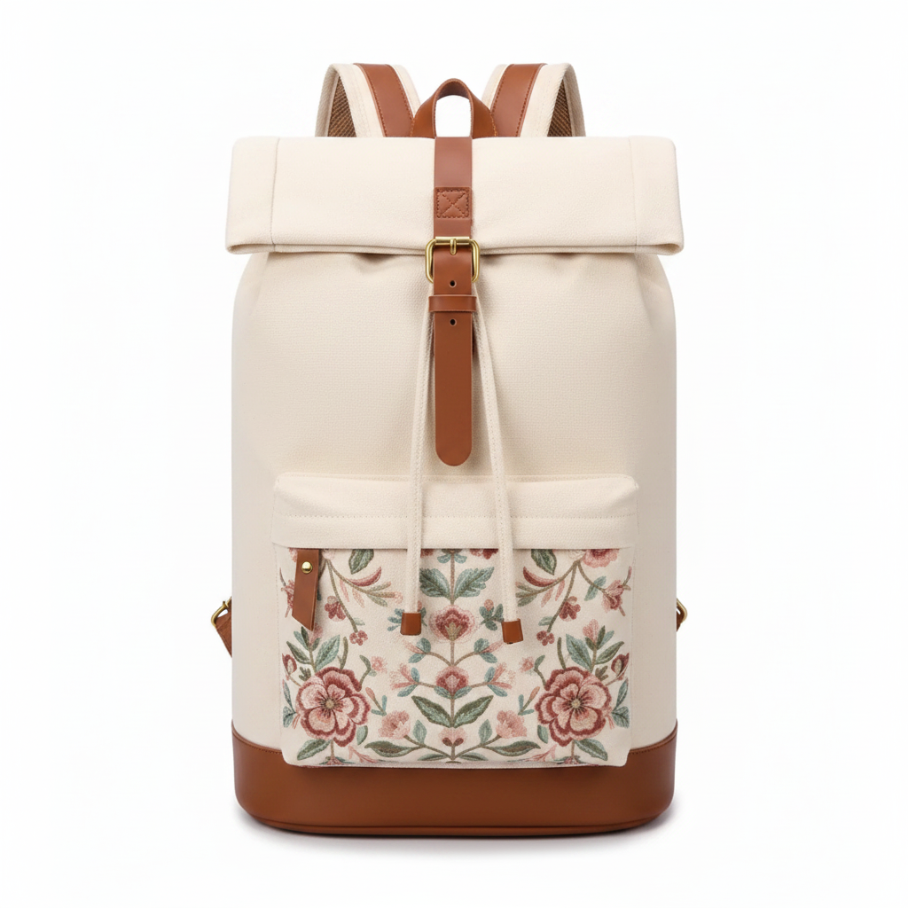 Cream canvas roll-top women's travel backpack with embroidered pocket on white background
