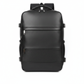 Black genuine leather structured men's travel backpack on white background