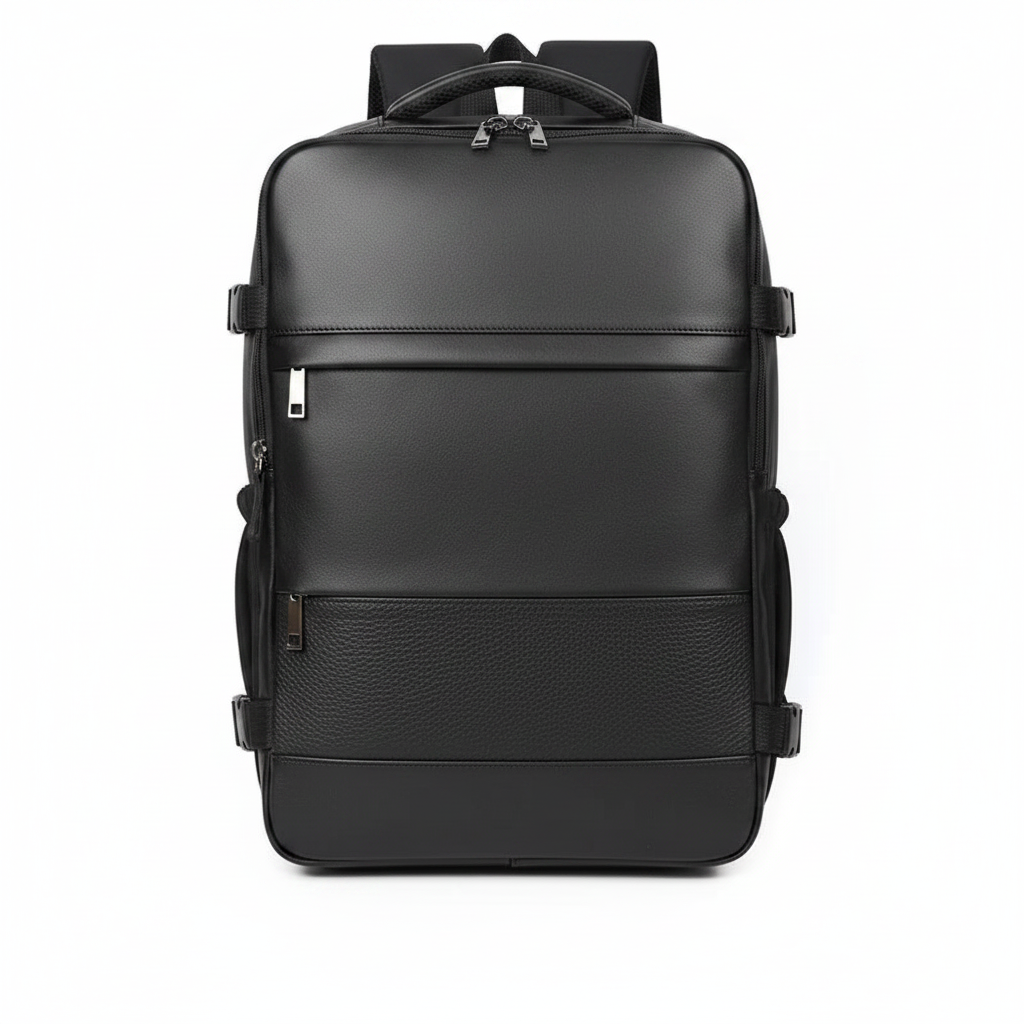 Black genuine leather structured men's travel backpack on white background