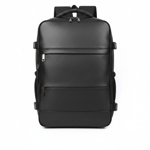 Black genuine leather structured men's travel backpack on white background