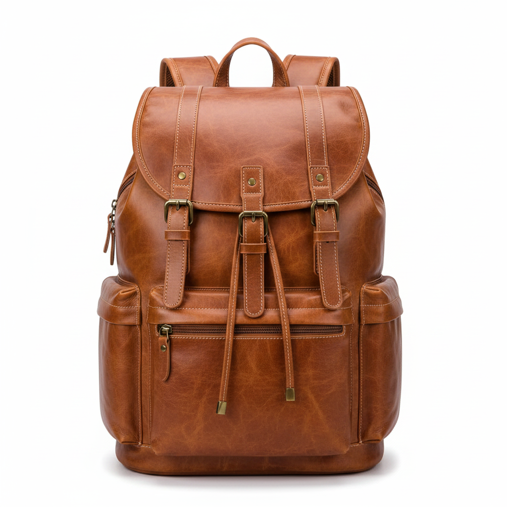Tan genuine leather vintage men's travel backpack on white background