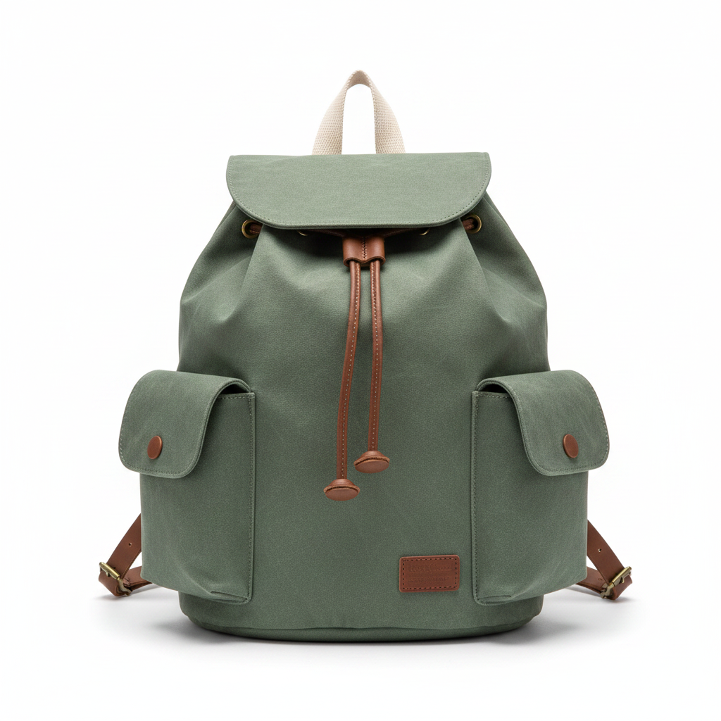 Sage green waxed canvas women's travel backpack on white background