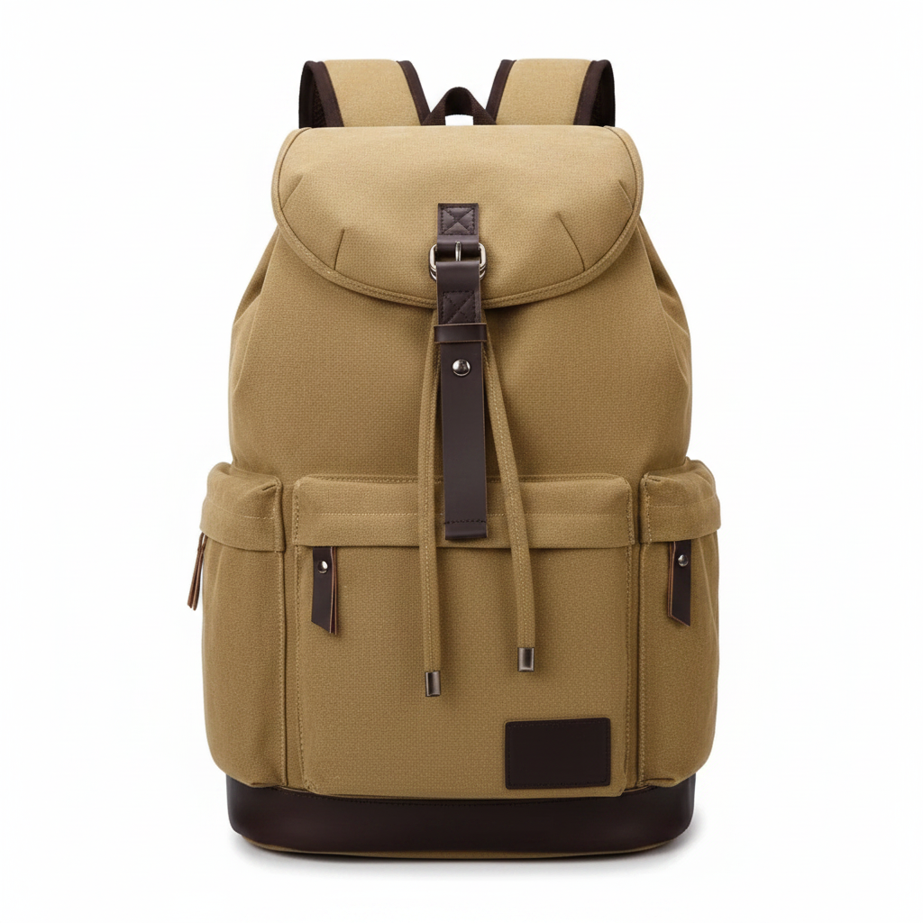Brown canvas and leather mixed-material men's travel backpack on white background
