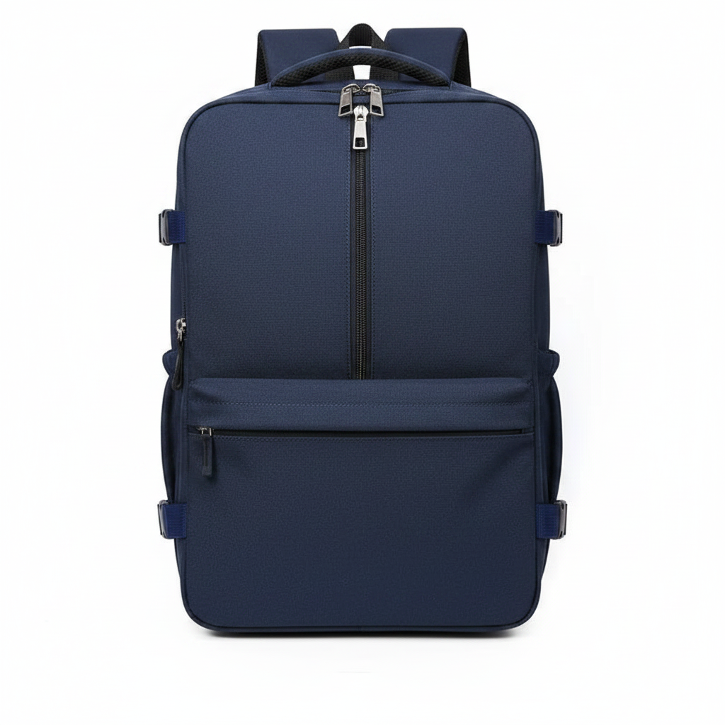 Navy canvas laptop men's travel backpack on white background
