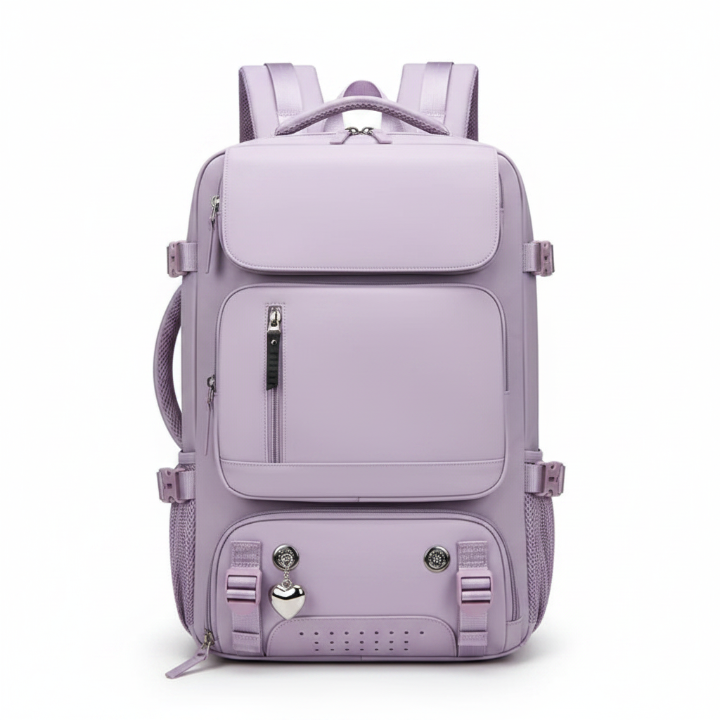 Pastel lilac nylon women's travel backpack on white background