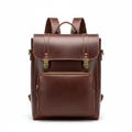 Dark brown genuine leather flap men's travel backpack on white background