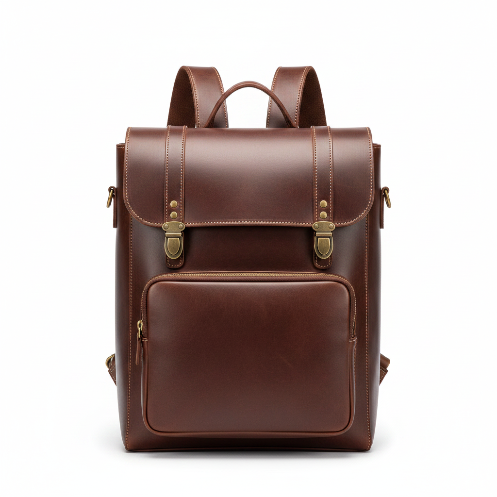Dark brown genuine leather flap men's travel backpack on white background