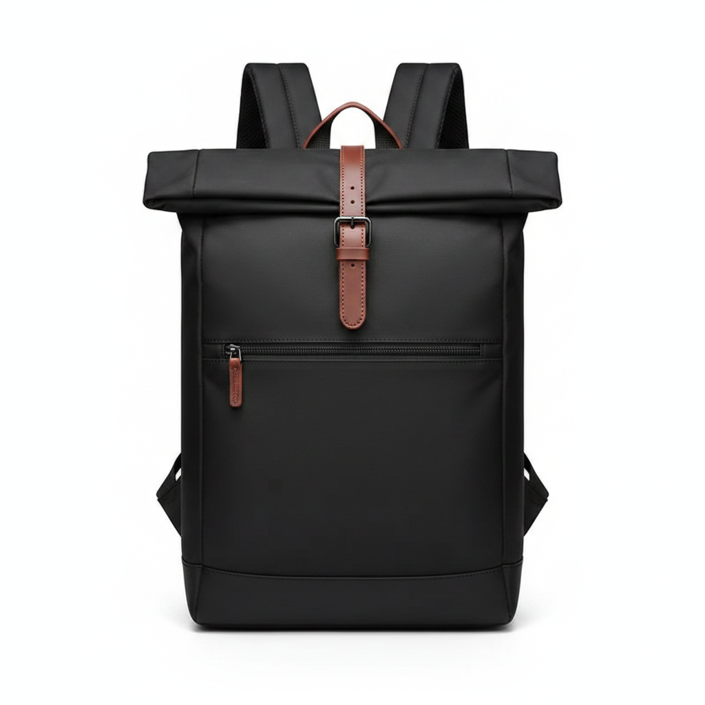 Black waxed canvas roll-top women's travel backpack on white background