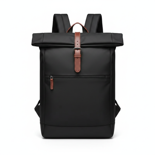 Black waxed canvas roll-top women's travel backpack on white background