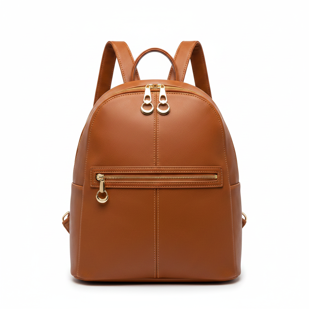Caramel faux leather women's travel backpack on white background