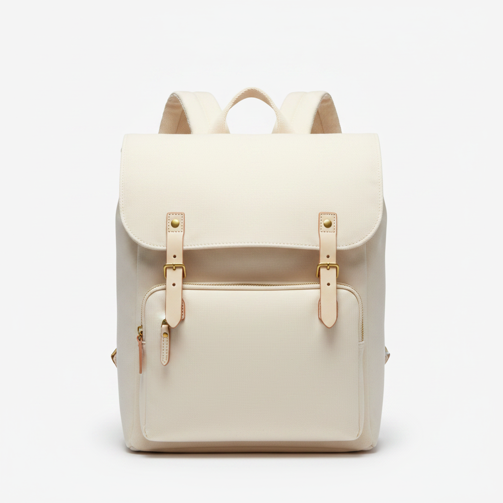 Ivory canvas flap women's travel backpack on white background