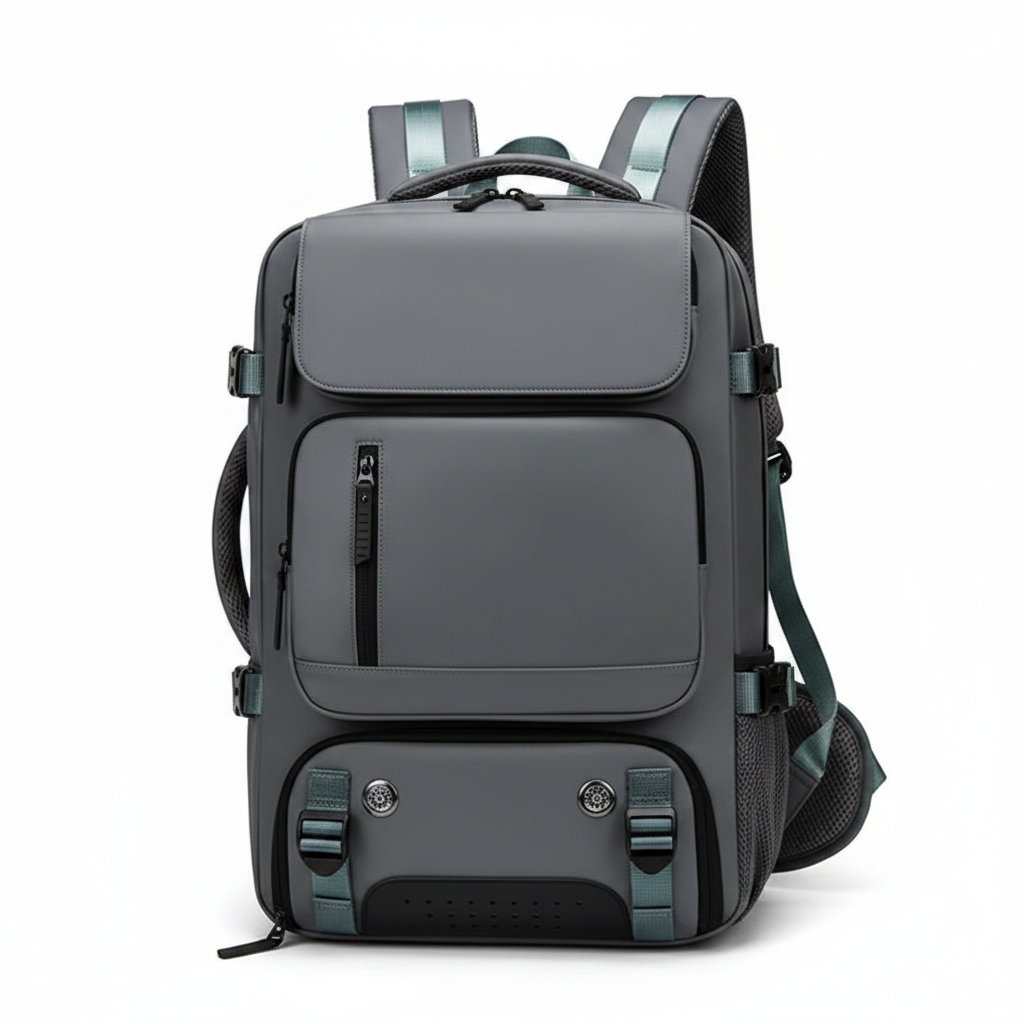 Charcoal nylon multi-pocket men's travel backpack on white background
