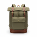 Olive canvas roll-top men's travel backpack on white background