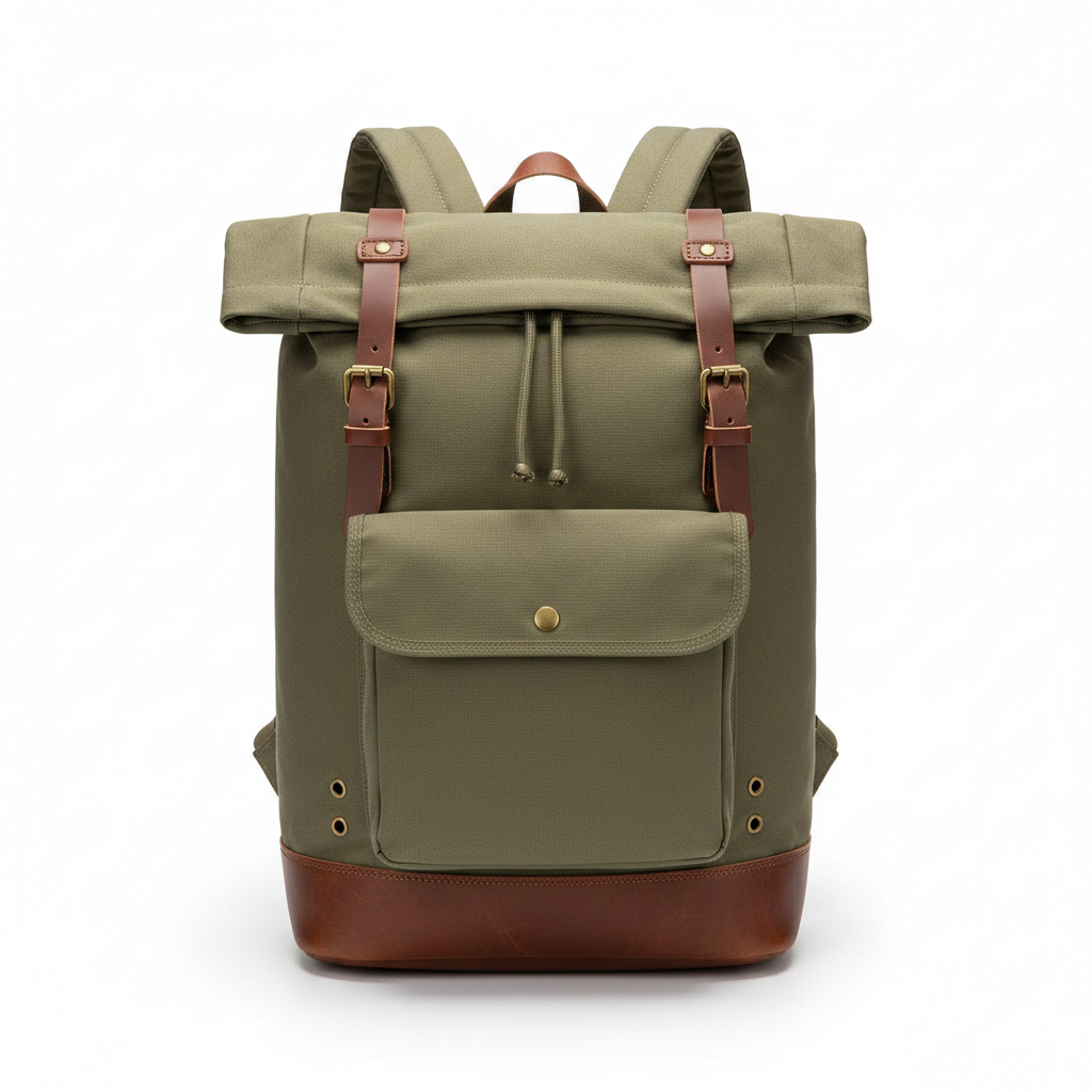Olive canvas roll-top men's travel backpack on white background