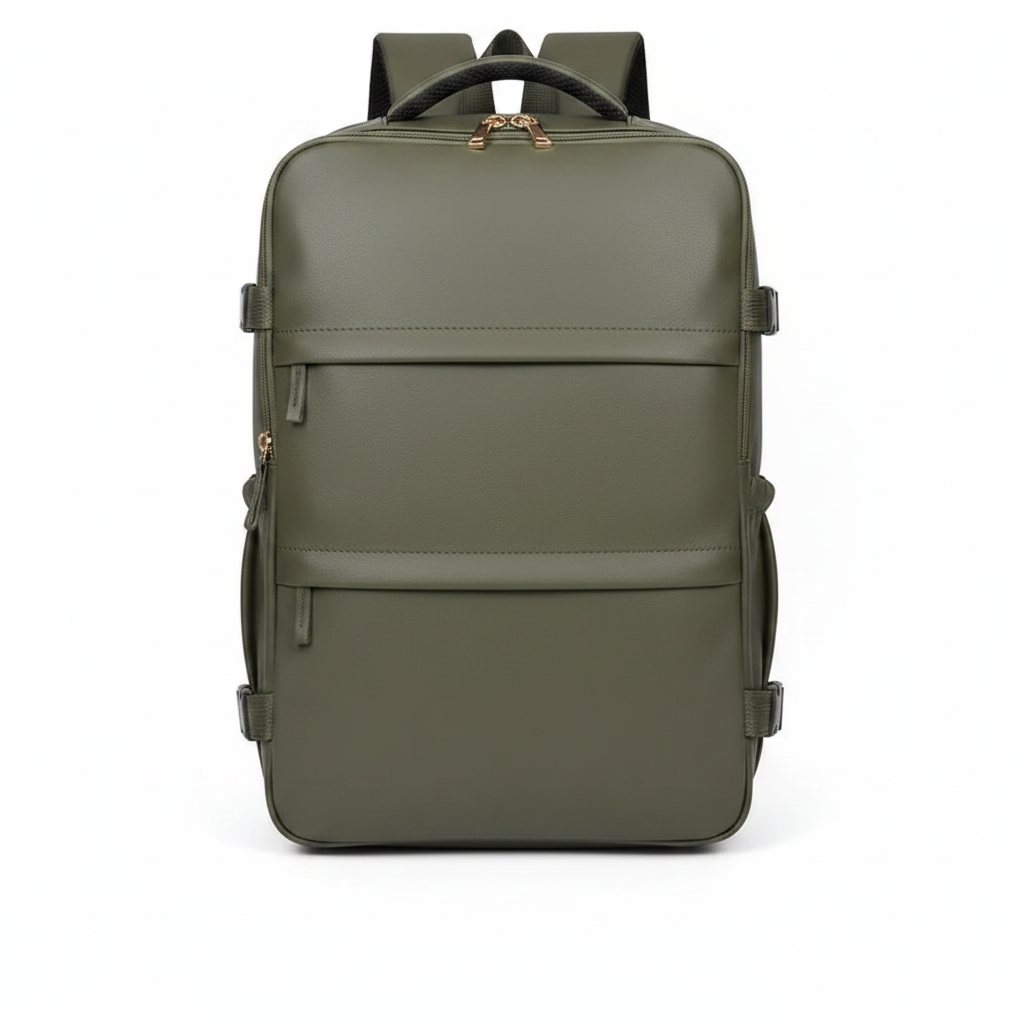 Olive faux leather minimal women's travel backpack on white background