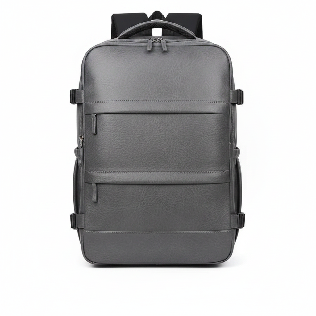 Slate grey PU leather men's travel backpack on white background