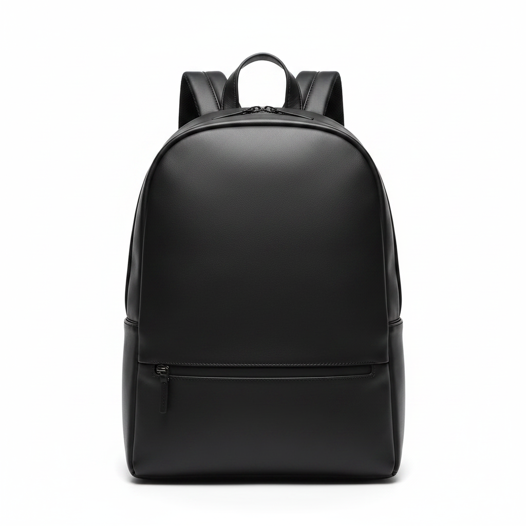 Black PU leather slim men's travel backpack on white background
