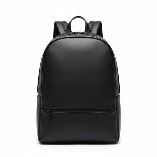 Black PU leather slim men's travel backpack on white background