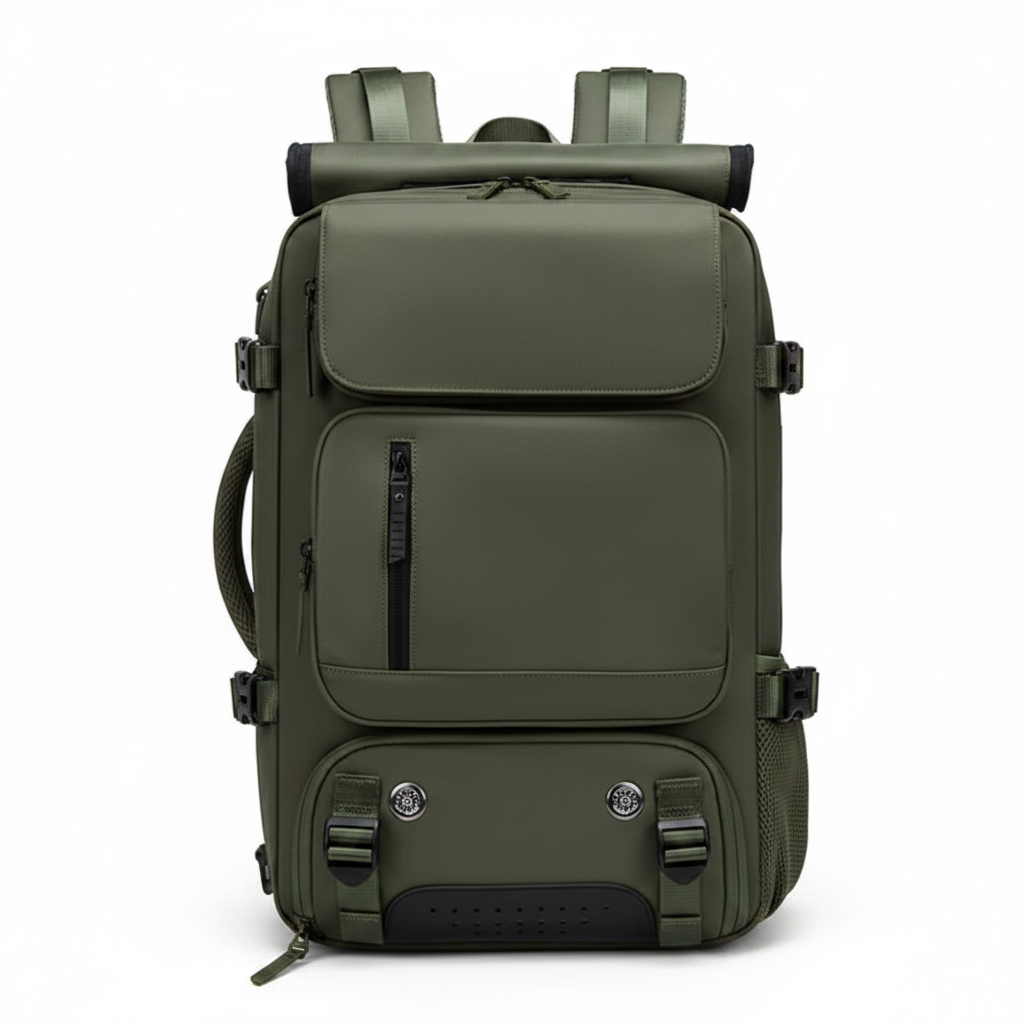Olive nylon modular men's travel backpack on white background