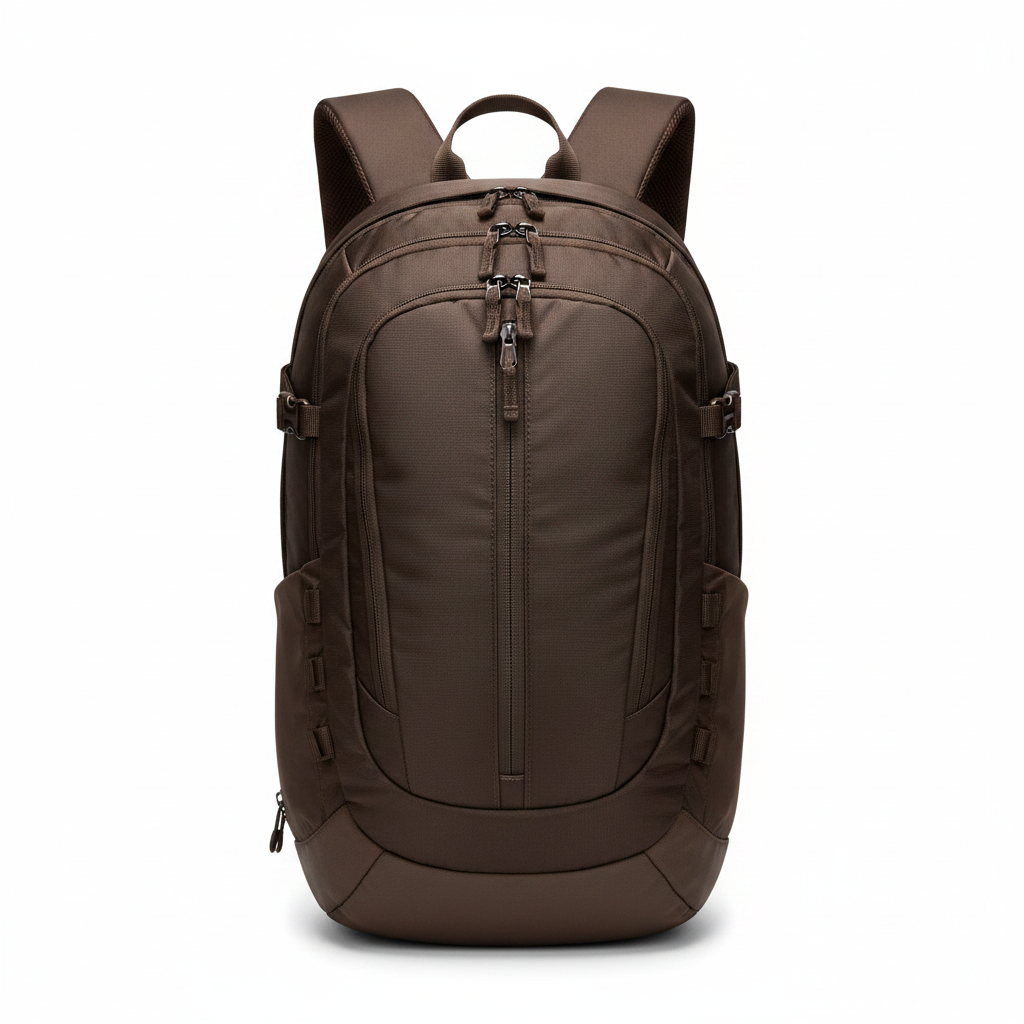 Dark brown polyester adventure men's travel backpack on white background