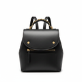 Black genuine leather flap women's travel backpack on white background