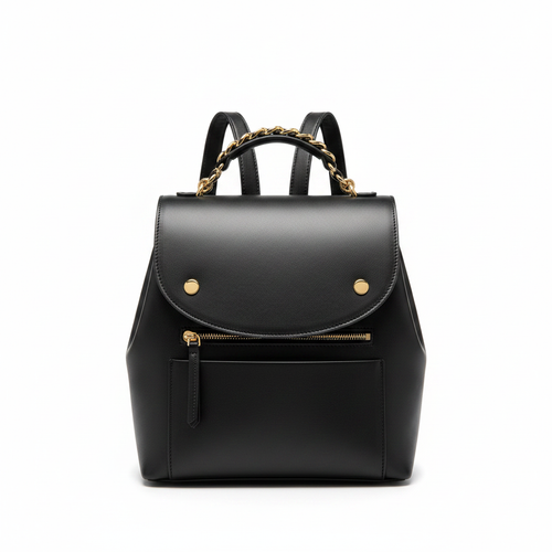 Black genuine leather flap women's travel backpack on white background