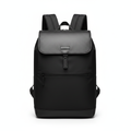 Black nylon and leather mixed-material men's travel backpack on white background