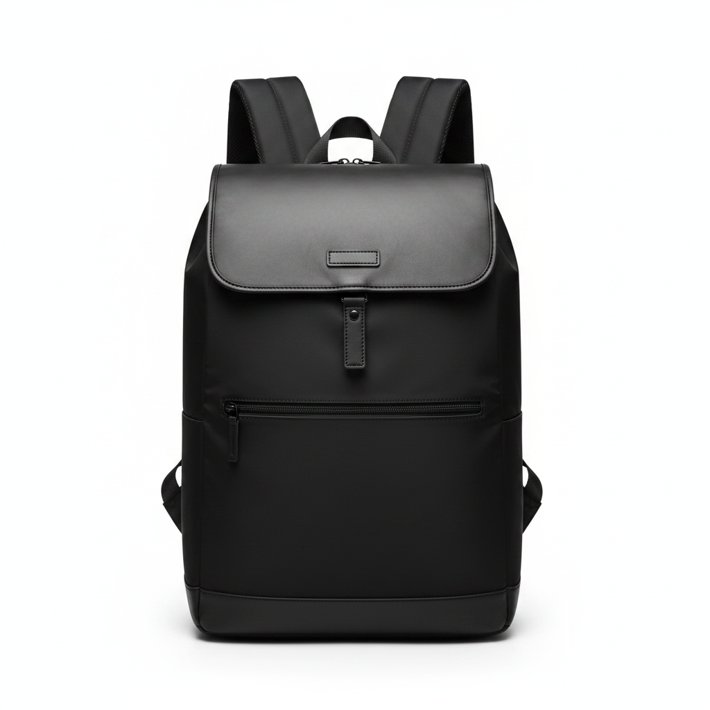 Black nylon and leather mixed-material men's travel backpack on white background