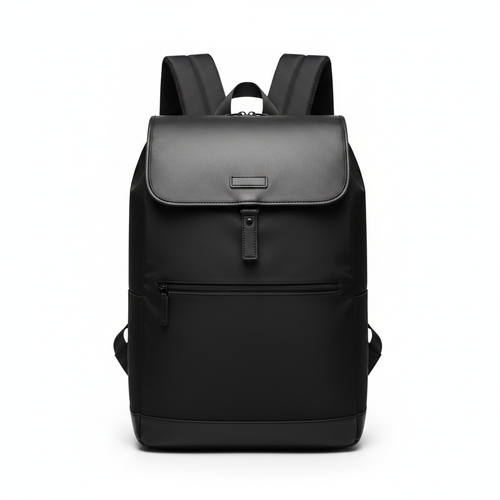 Black nylon and leather mixed-material men's travel backpack on white background