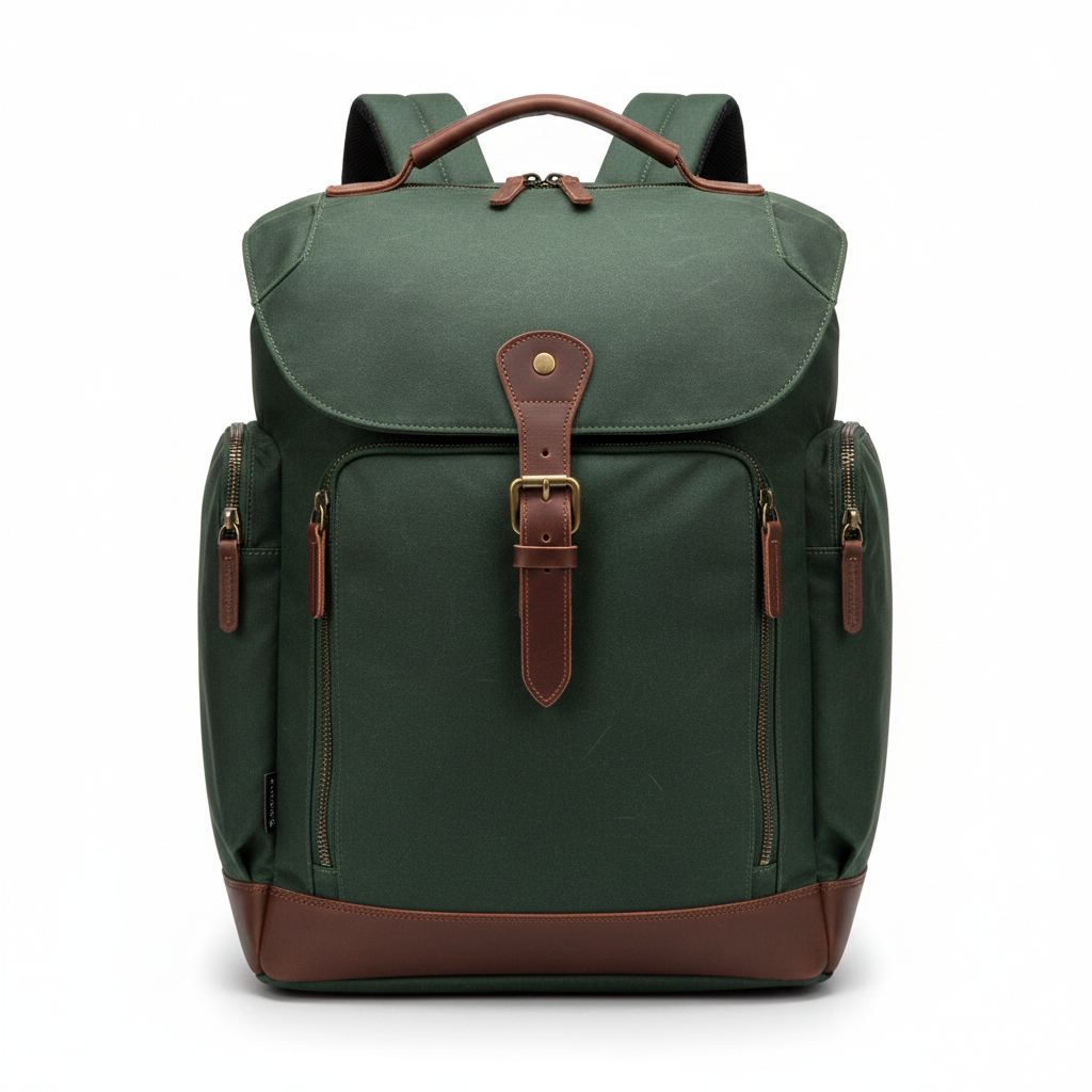 Forest green waxed canvas men's travel backpack on white background