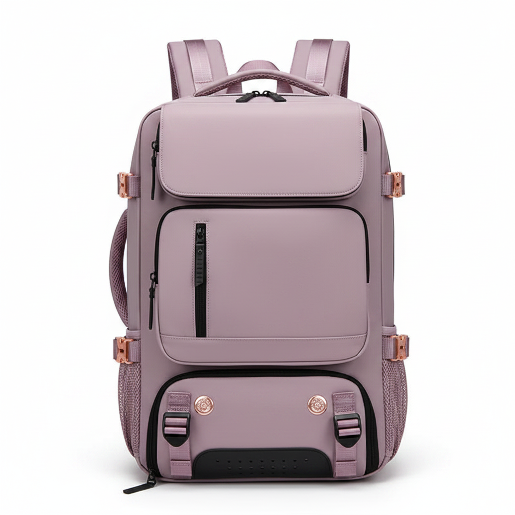 Mauve polyester women's travel backpack on white background