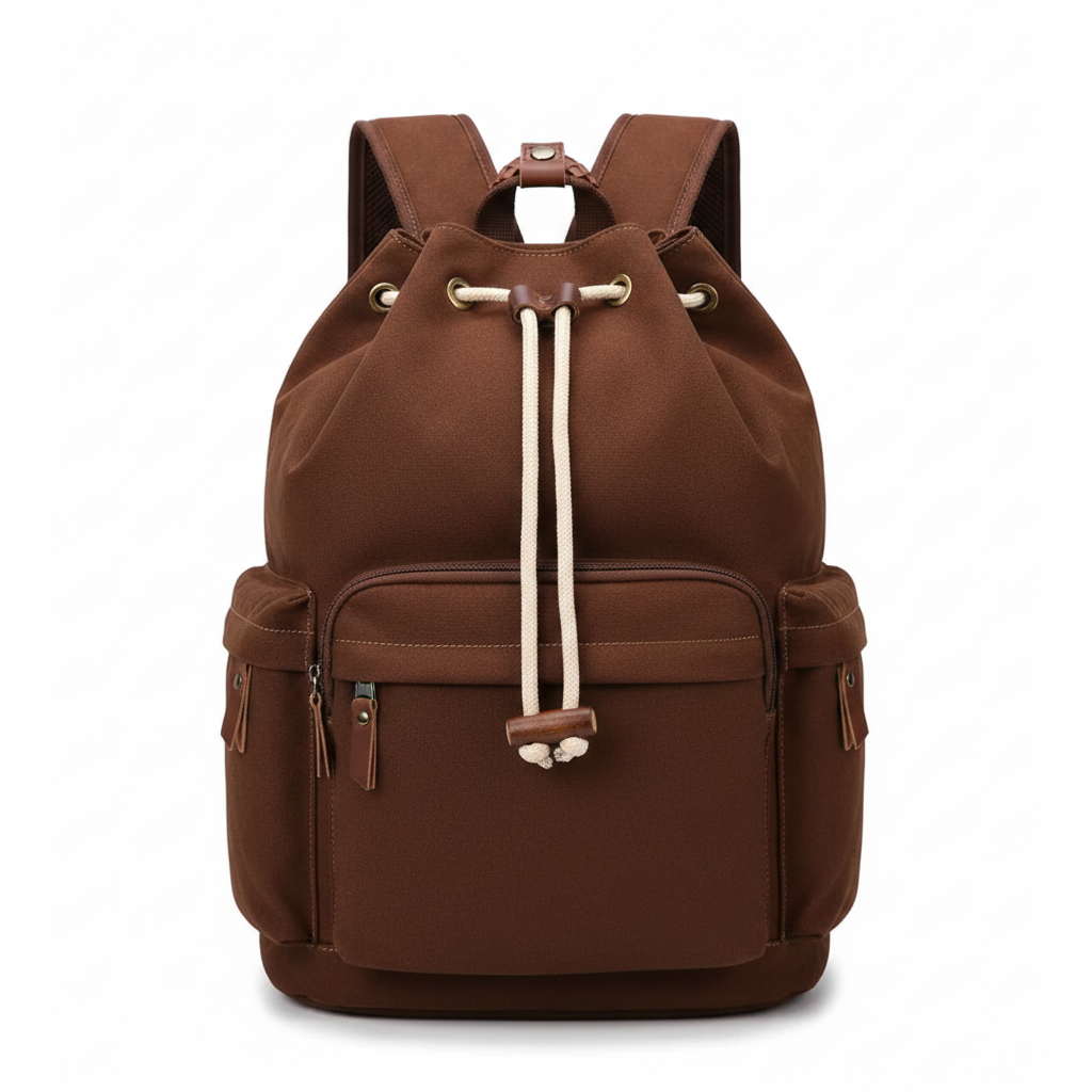Chocolate brown canvas bohemian women's travel backpack on white background