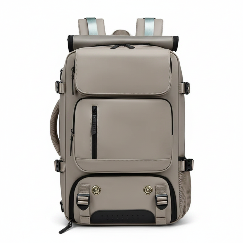 Taupe nylon multi-pocket women's travel backpack on white background