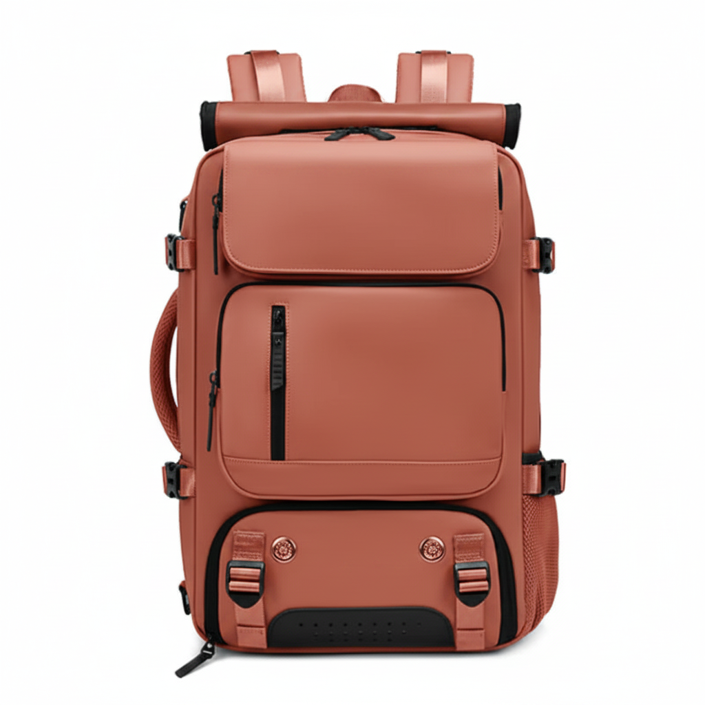Rust terracotta PU leather women's travel backpack on white background