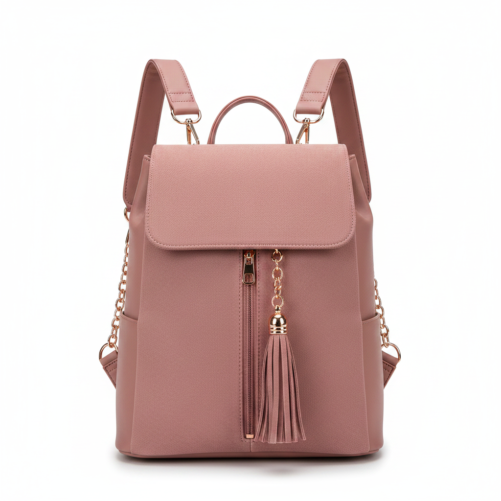 Dusty rose suede and PU leather mixed-material women's travel backpack on white background