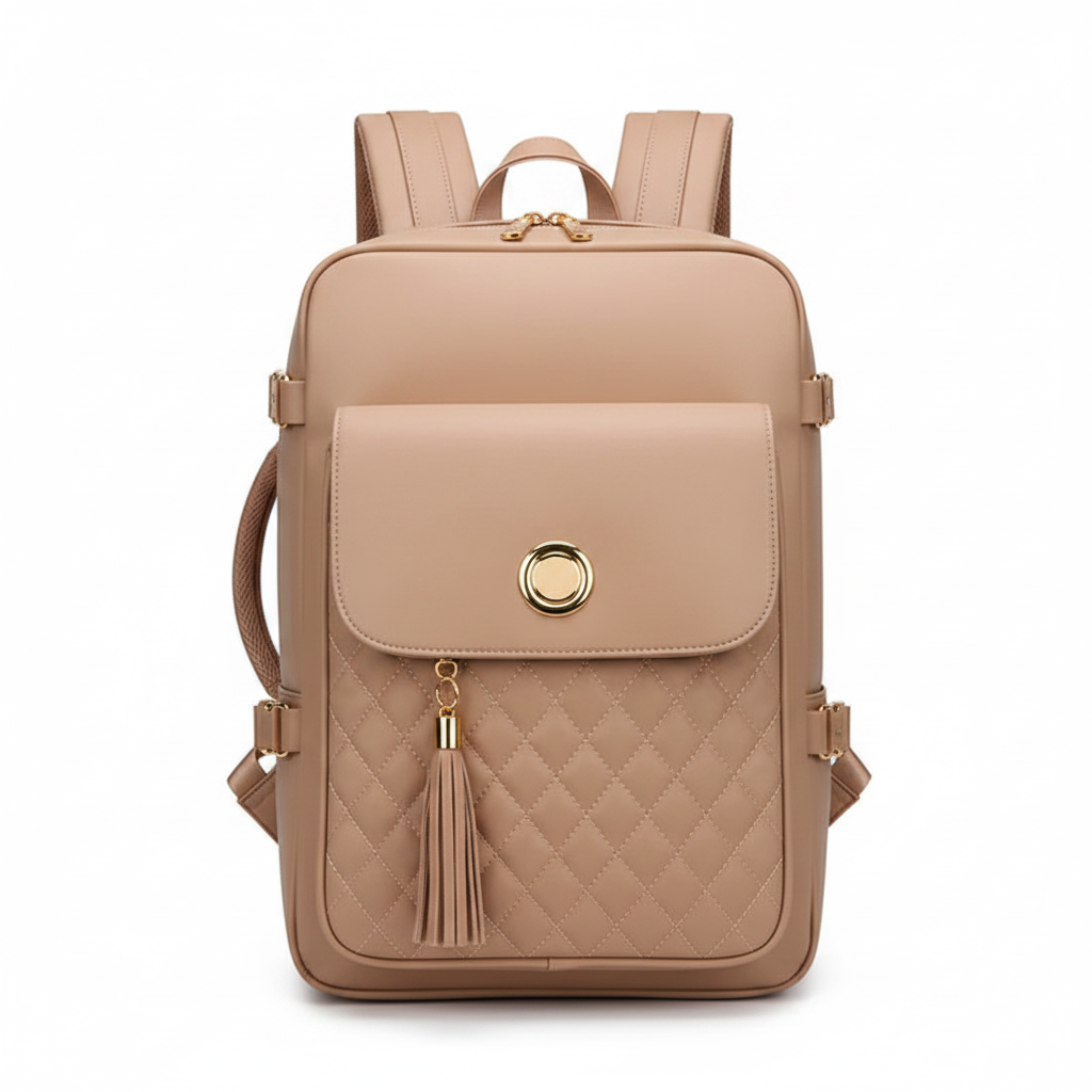 Beige quilted faux leather women's travel backpack on white background