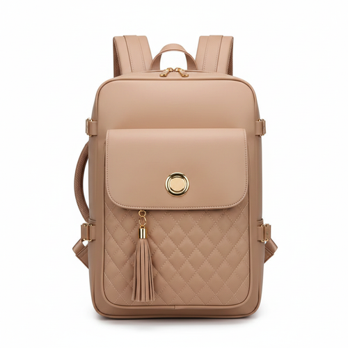 Beige quilted faux leather women's travel backpack on white background