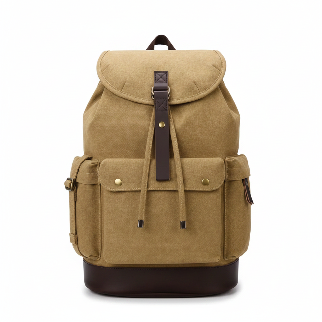 Tan waxed canvas explorer men's travel backpack on white background