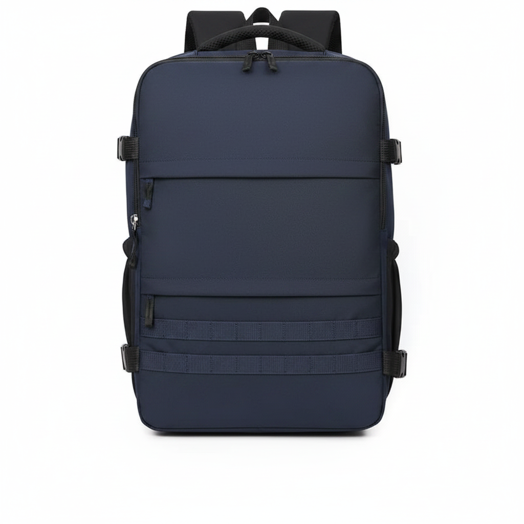 Navy tactical nylon men's travel backpack with multiple pockets on white background