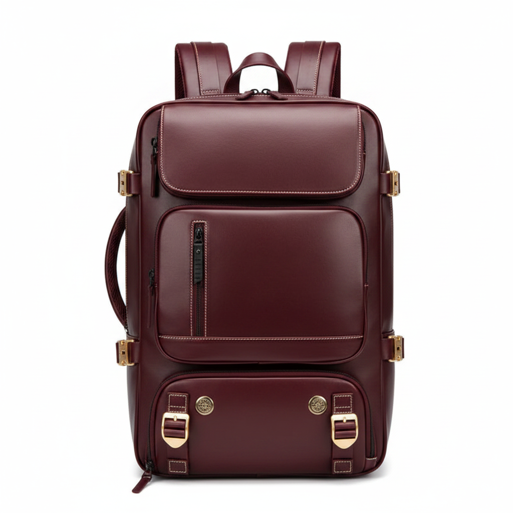 Burgundy genuine leather women's travel backpack on white background