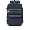 Navy PU leather and canvas mixed-material women's travel backpack on white background