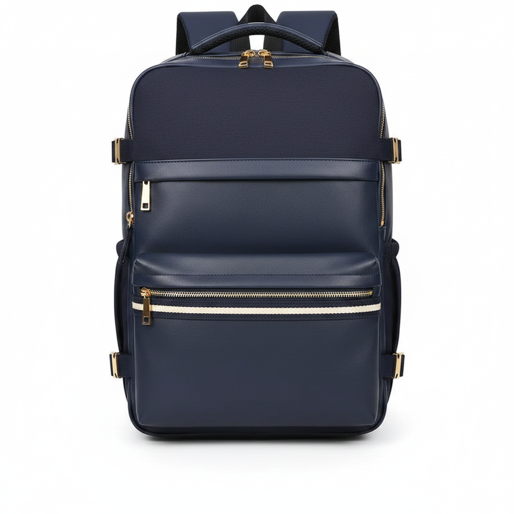Navy PU leather and canvas mixed-material women's travel backpack on white background